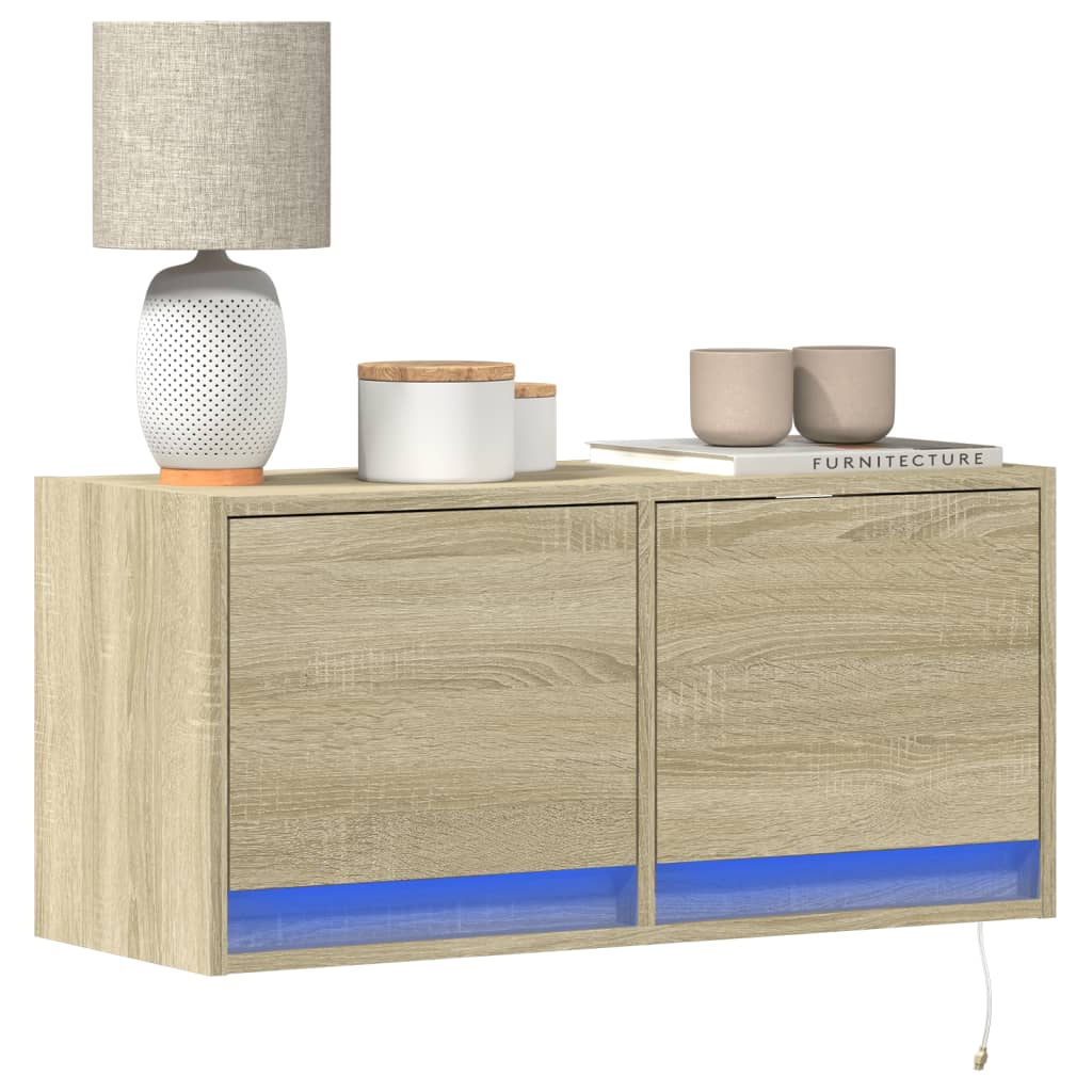 Mobile TV a Parete con Luci LED Rovere Sonoma 80x31x35 cm