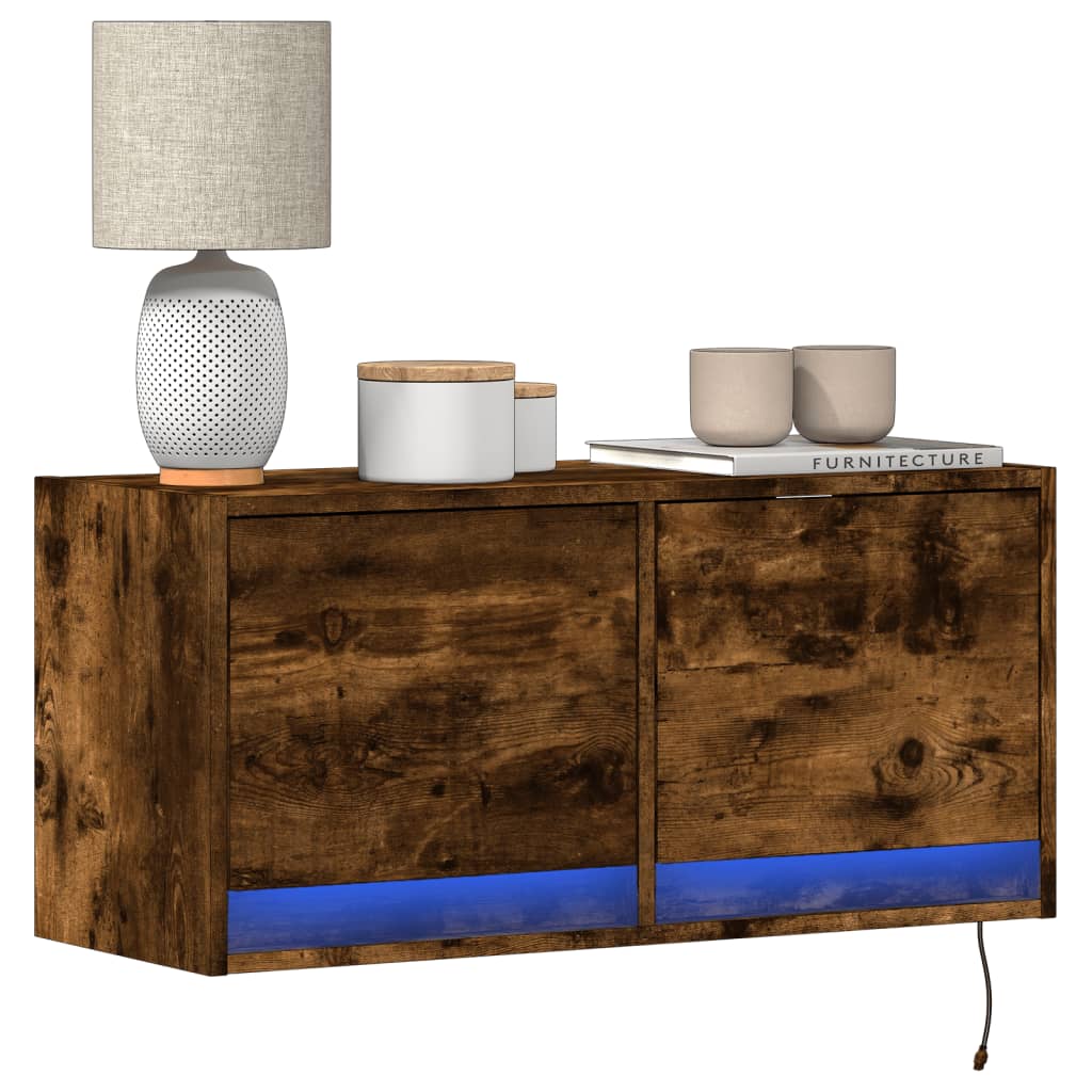 Mobile TV a Parete con Luci LED Rovere Fumo 80x31x35 cm