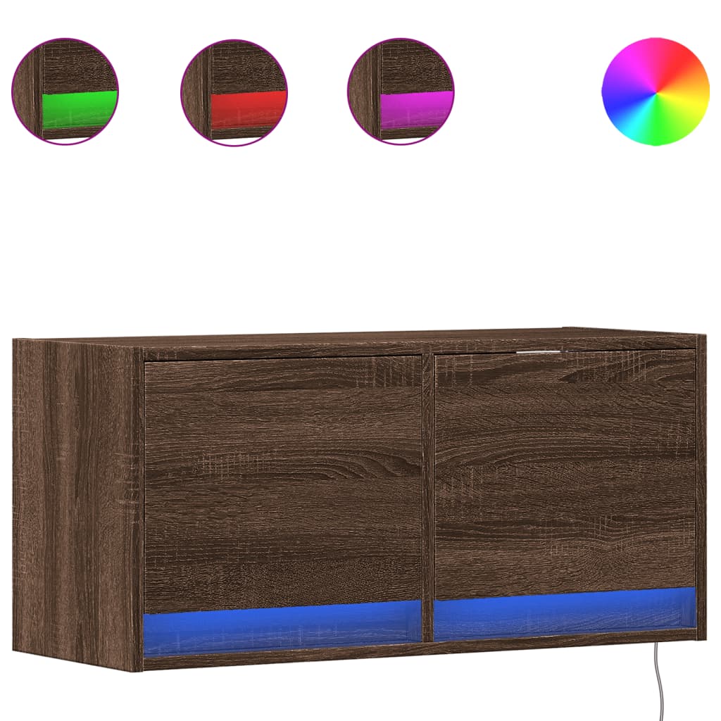 Mobile TV a Parete con Luci LED Rovere Marrone 80x31x35 cm
