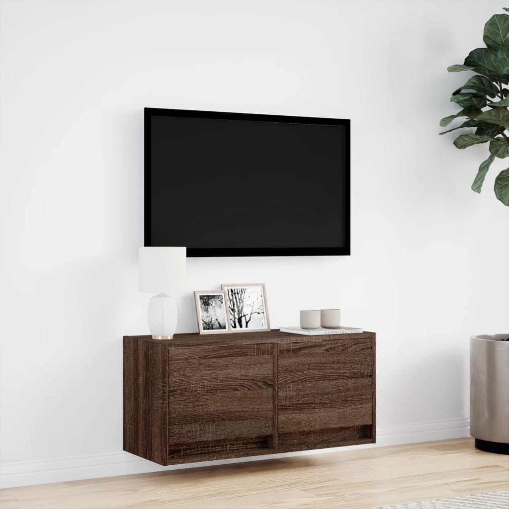 Mobile TV a Parete con Luci LED Rovere Marrone 80x31x35 cm