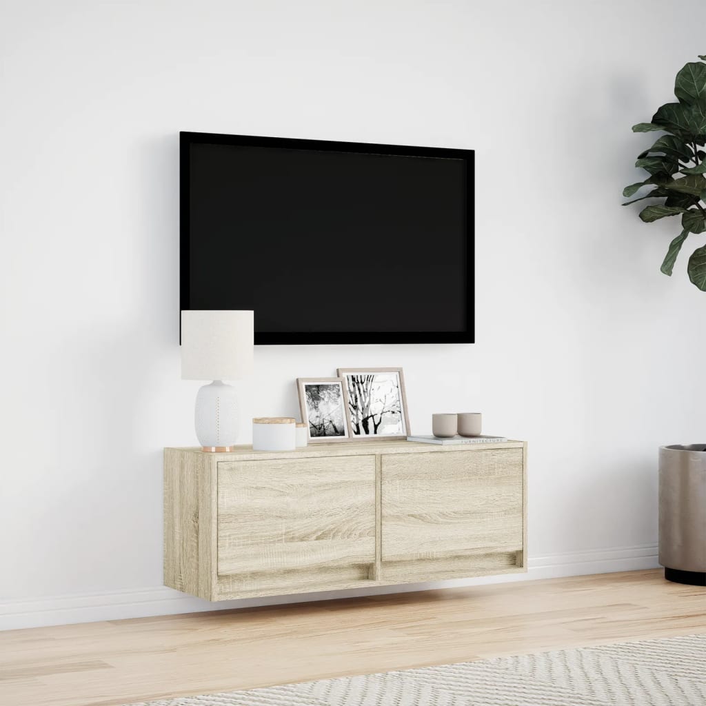 Mobile TV a Parete con Luci LED Rovere Sonoma 100x31x35 cm