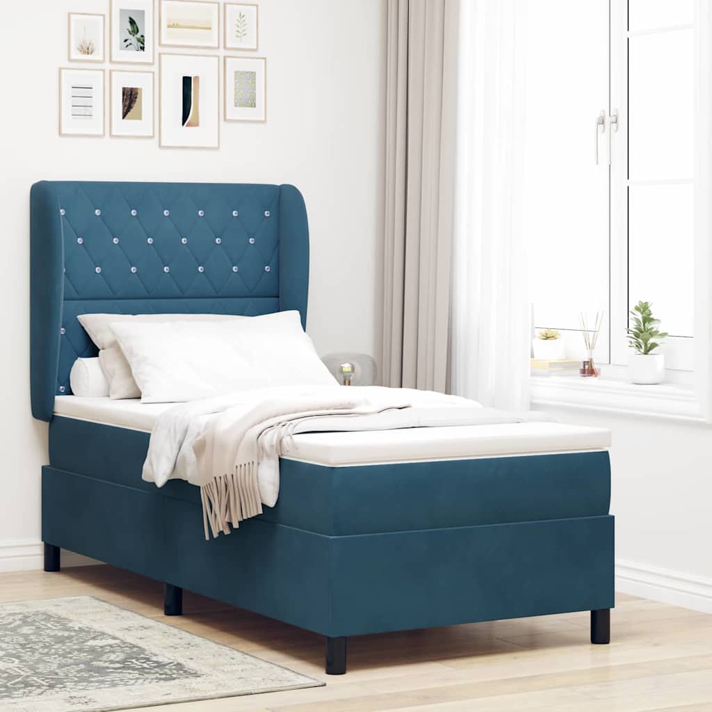 Letto a molle con materasso Blu Scuro 190 x 90 cm Velluto
