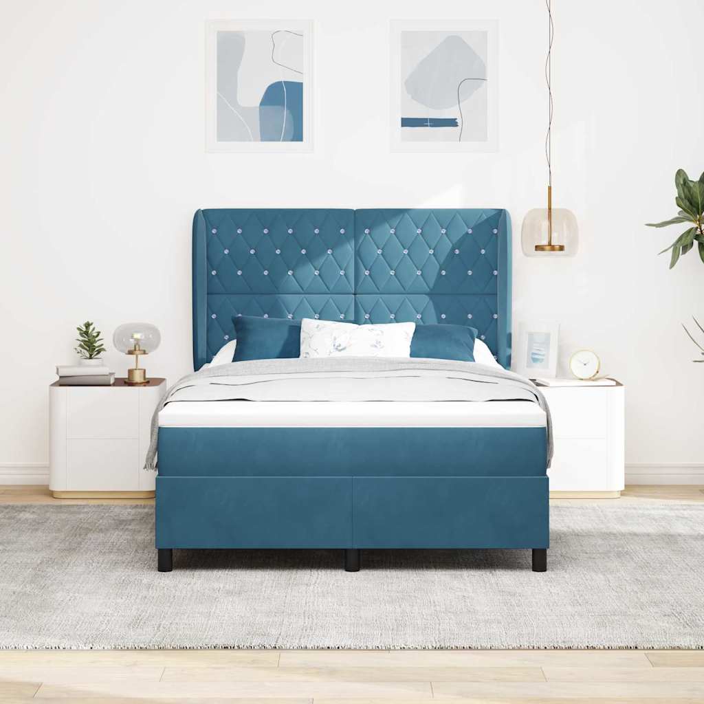Letto a molle con materasso Blu Scuro 190 x 140 cm Velluto