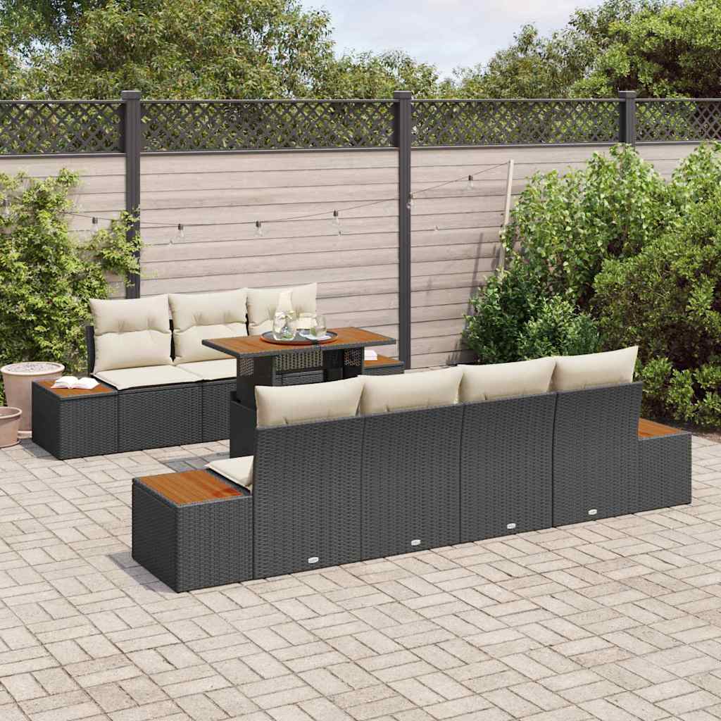 Set Divano da Giardino con cuscino 8 pcs Nero Poly Rattan