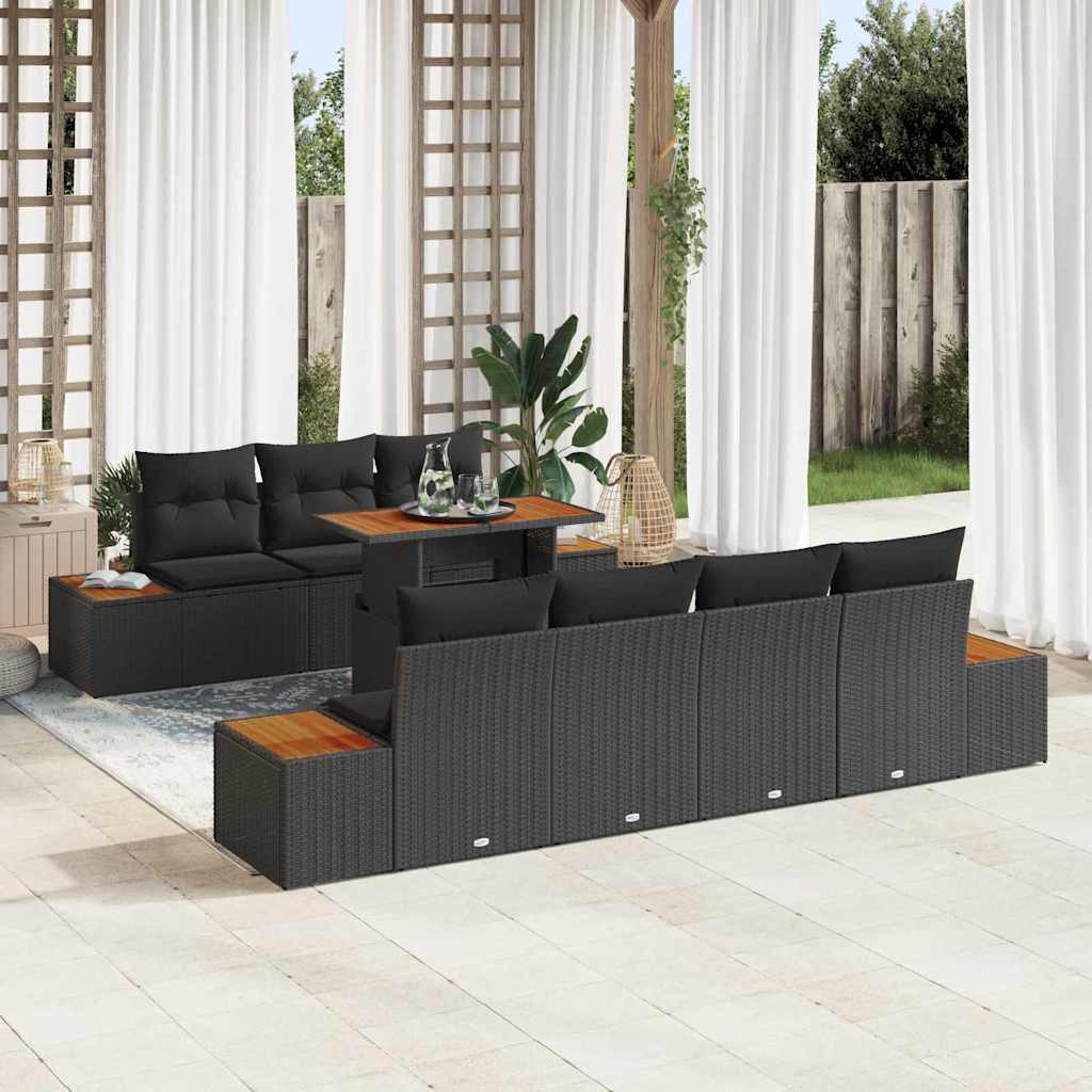 Set Divano da Giardino con cuscino 8 pcs Nero Poly Rattan