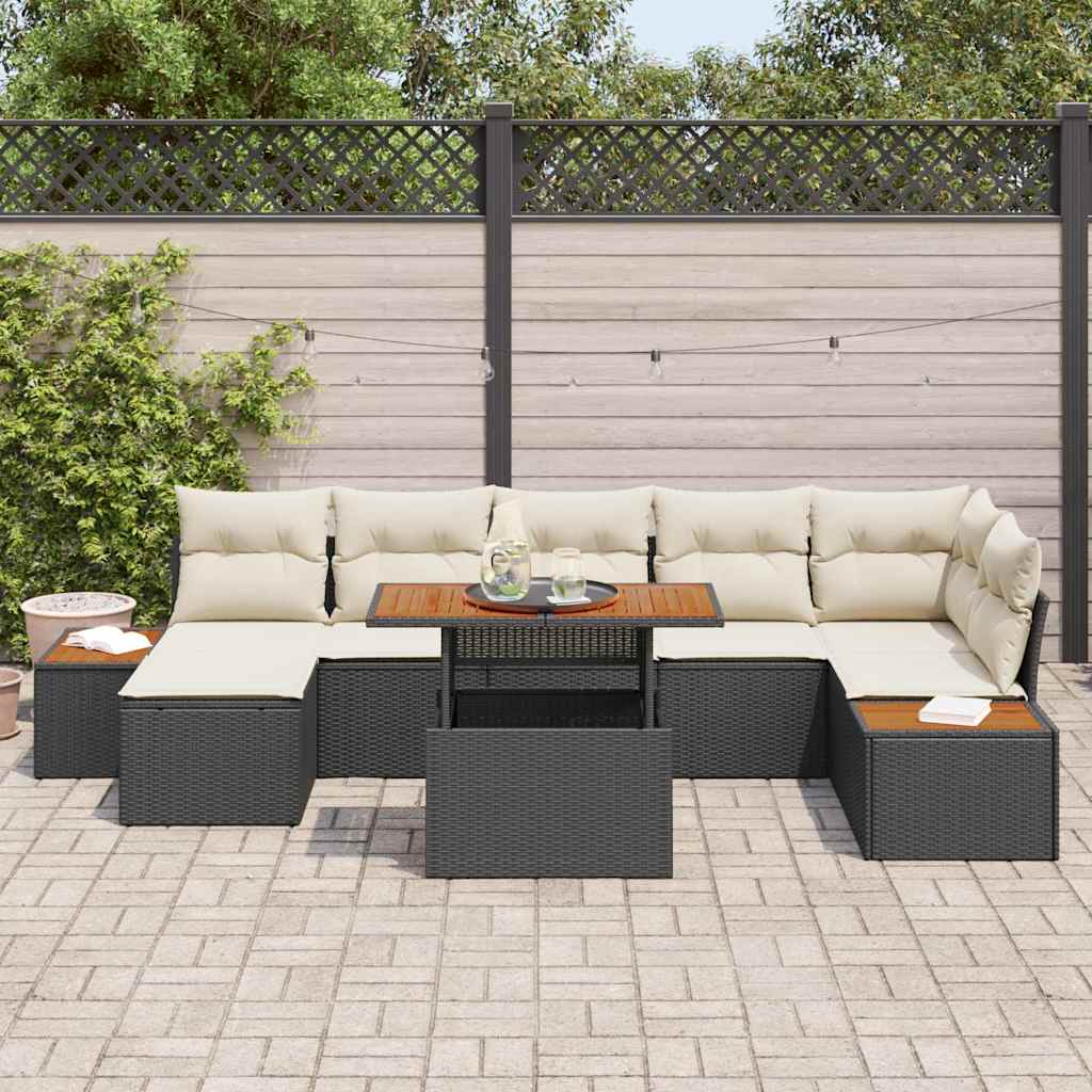 Set da Pranzo per Giardino con cuscino 8 pcs Nero e Beige