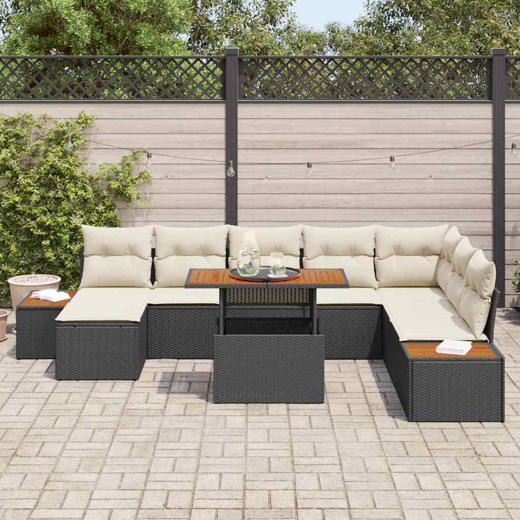 Set da Pranzo per Giardino con cuscino 9 pcs Nero e Beige