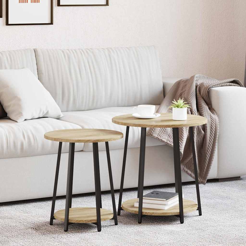 Set tavolini con lo scaffale 2 pcs Rovere Sonoma e Nero
