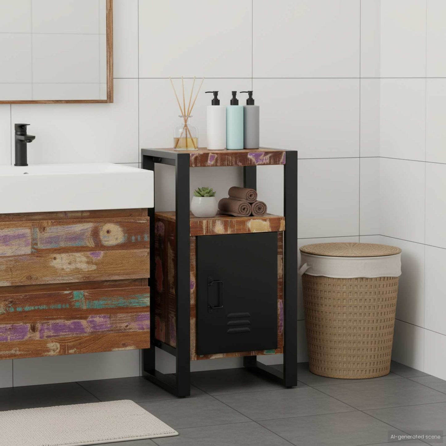 Mobile da Bagno con porta Marrone Legno Recuperato Massello