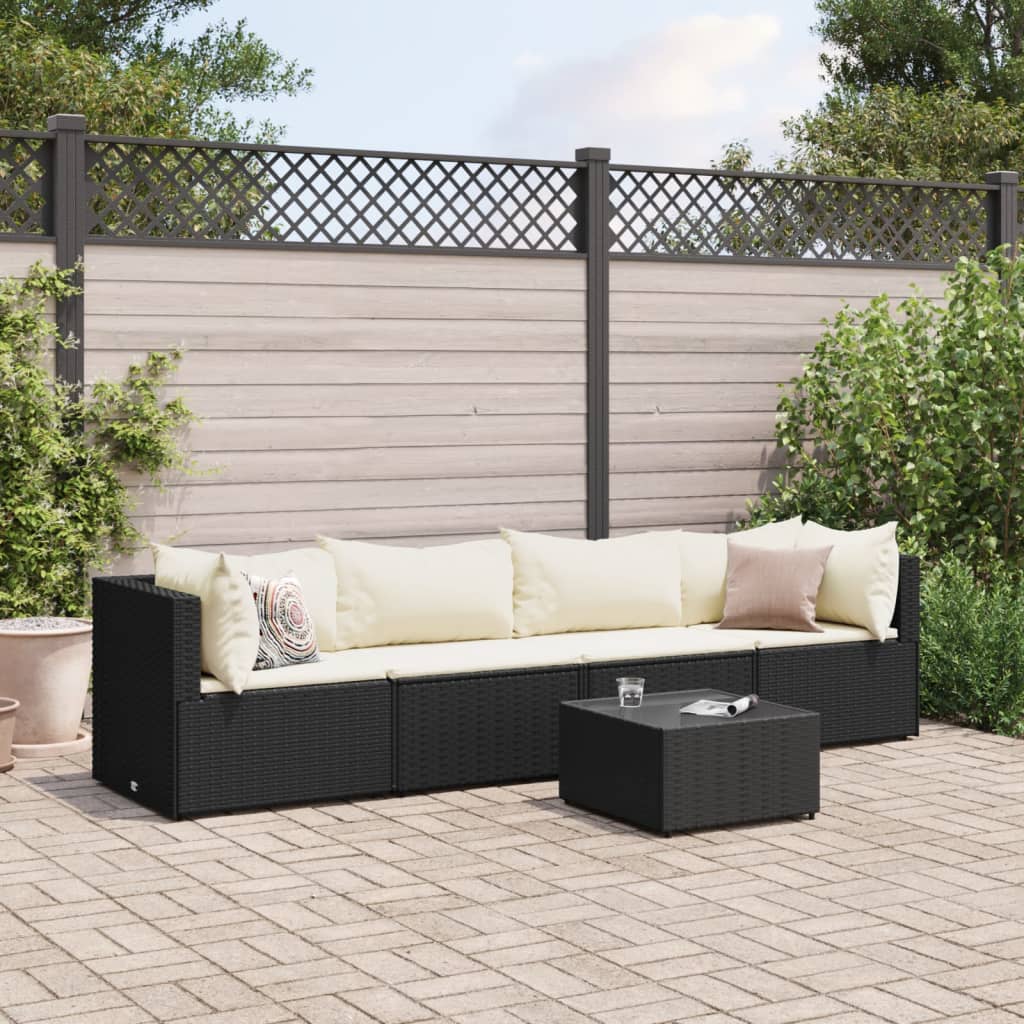 Set Divani da Giardino 5 pz con Cuscini Nero in Polyrattan