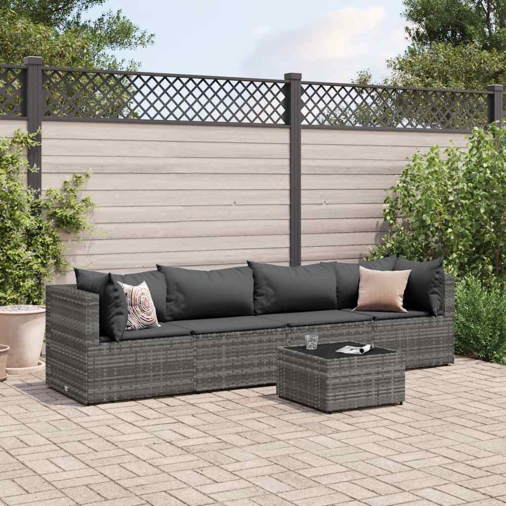 Set Divani da Giardino 5 pz con Cuscini in Polyrattan Grigio