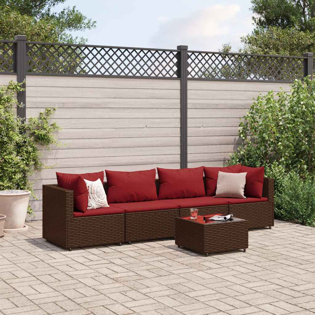 Set Divani da Giardino 5 pz con Cuscini Marrone in Polyrattan