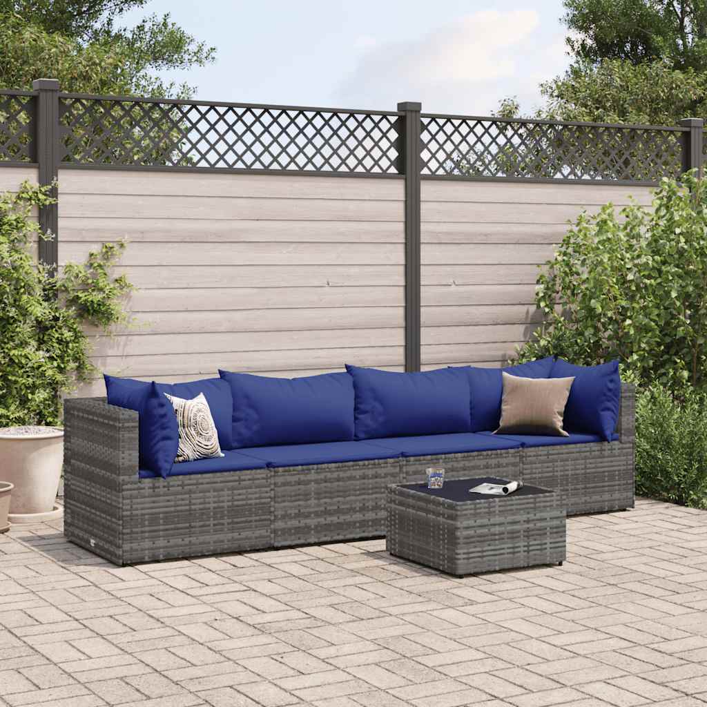Set Divani da Giardino 5 pz con Cuscini in Polyrattan Grigio