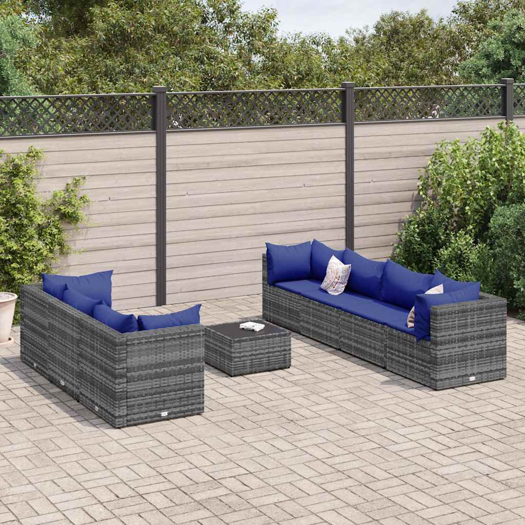 Set Divani da Giardino 8 pz con Cuscini in Polyrattan Grigio
