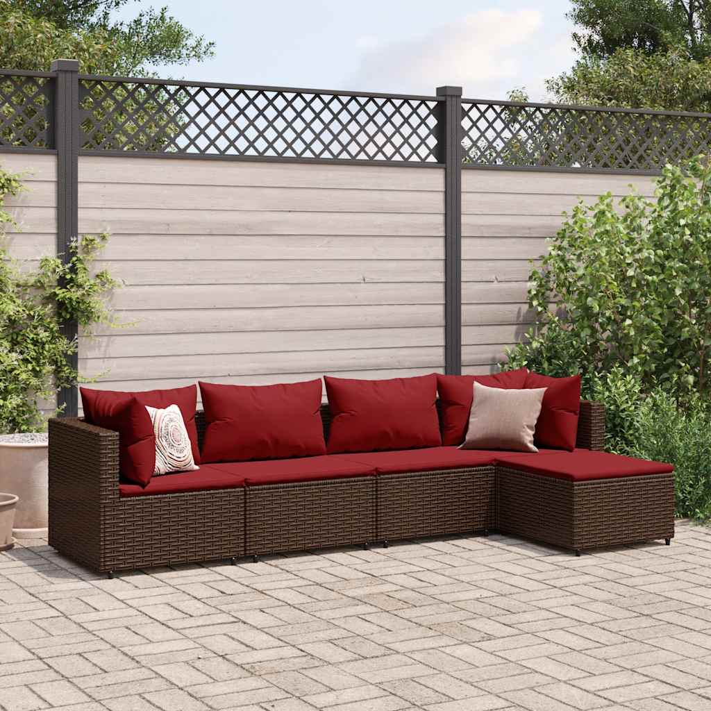 Set Divani da Giardino 5 pz con Cuscini Marrone in Polyrattan