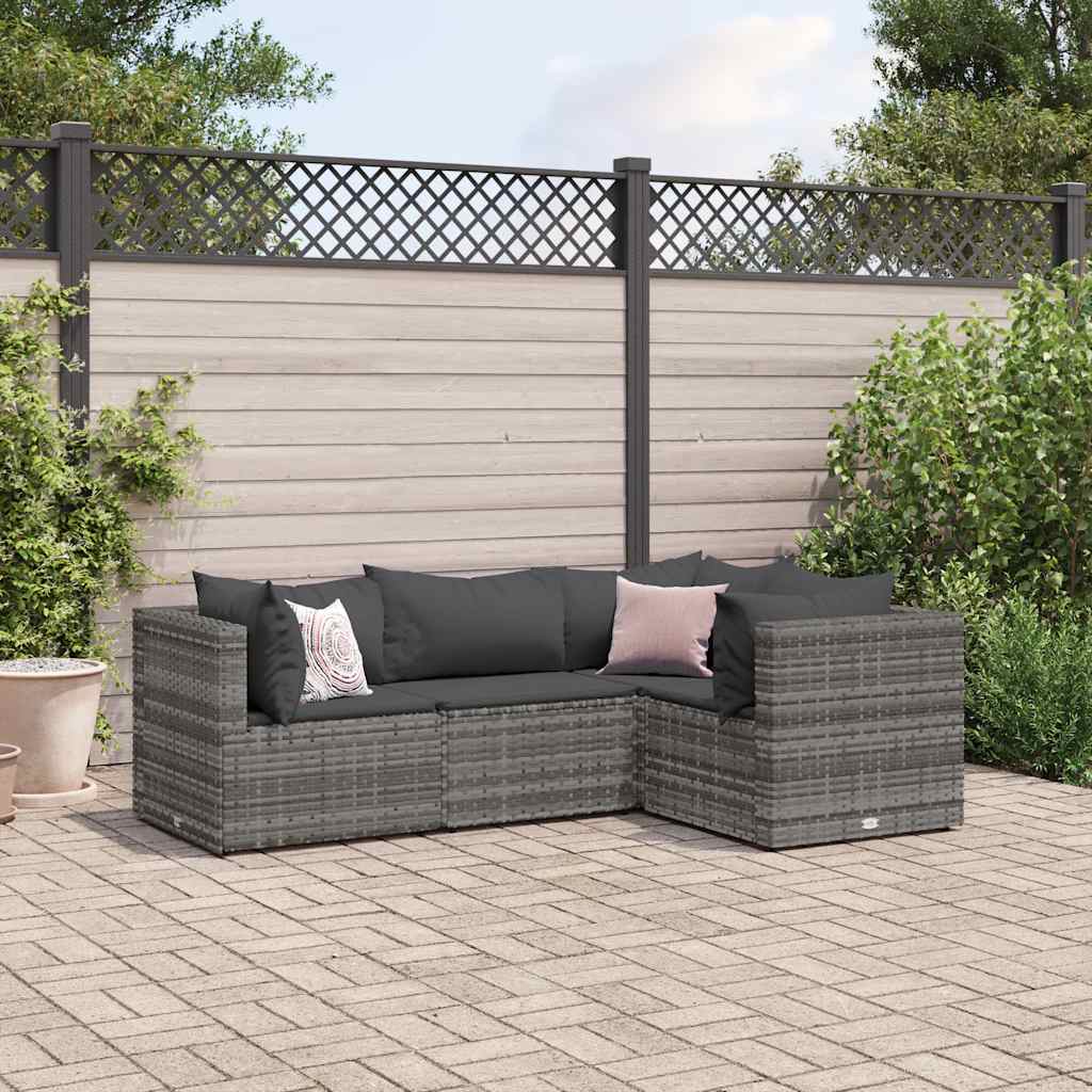 Set Divani da Giardino 4 pz con Cuscini in Polyrattan Grigio