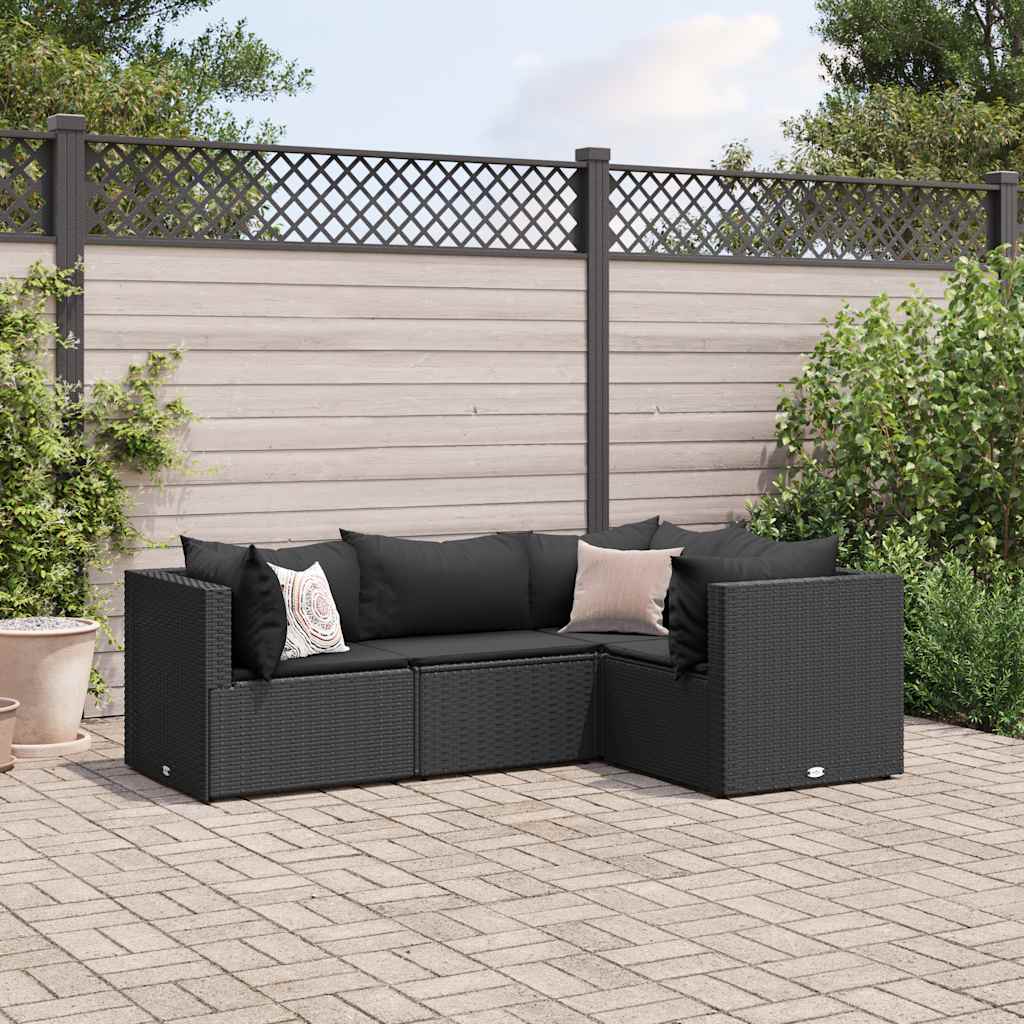 Set Divani da Giardino 4 pz con Cuscini Nero in Polyrattan