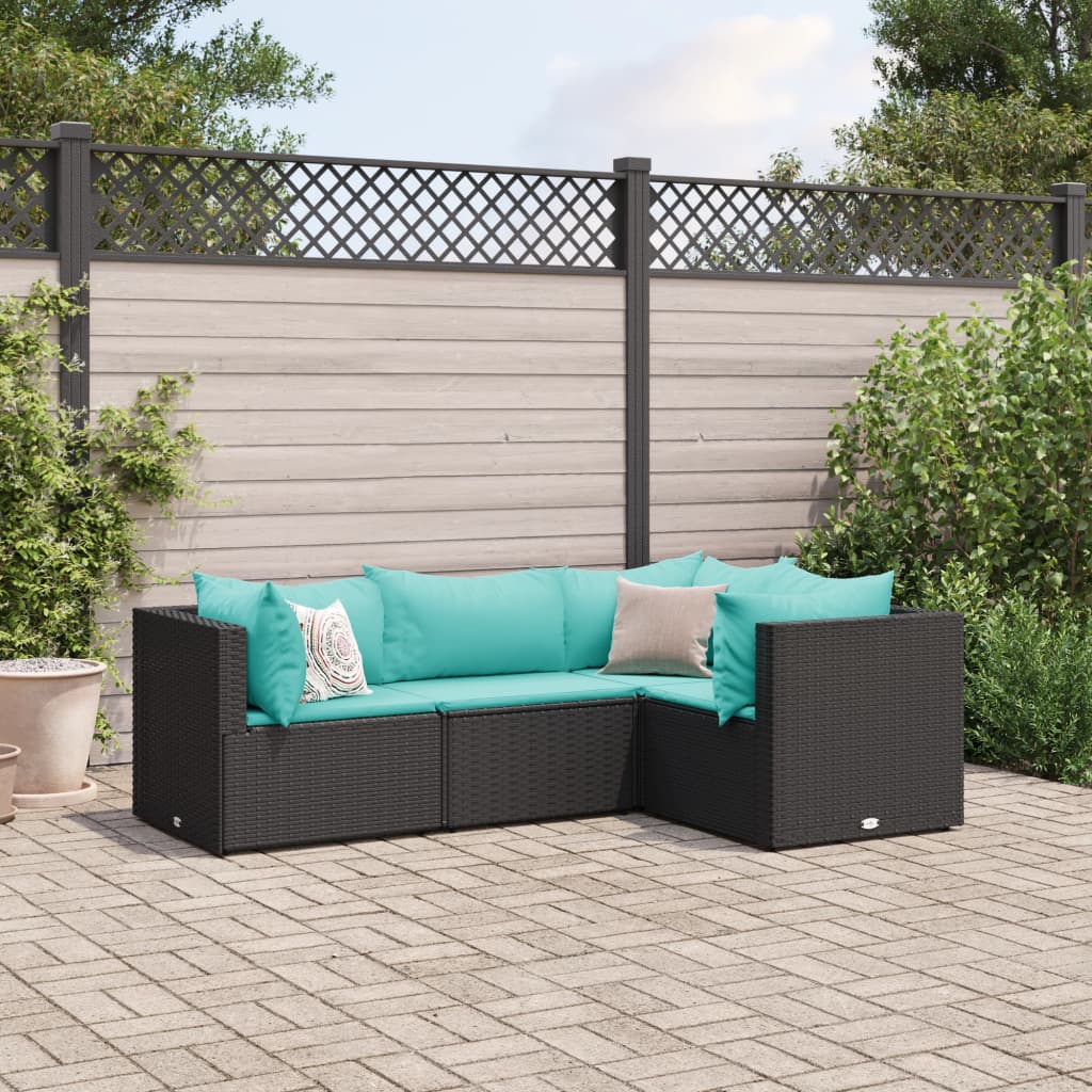 Set Divani da Giardino 4 pz con Cuscini Nero in Polyrattan