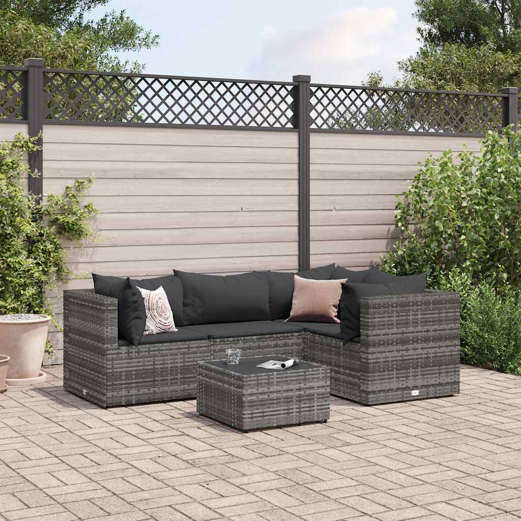 Set Divani da Giardino 5 pz con Cuscini in Polyrattan Grigio