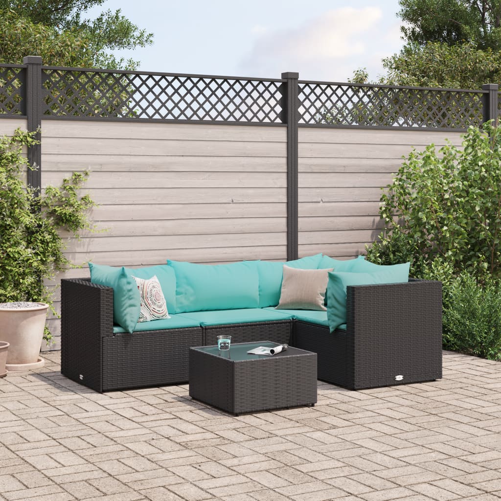 Set Divani da Giardino 5 pz con Cuscini Nero in Polyrattan