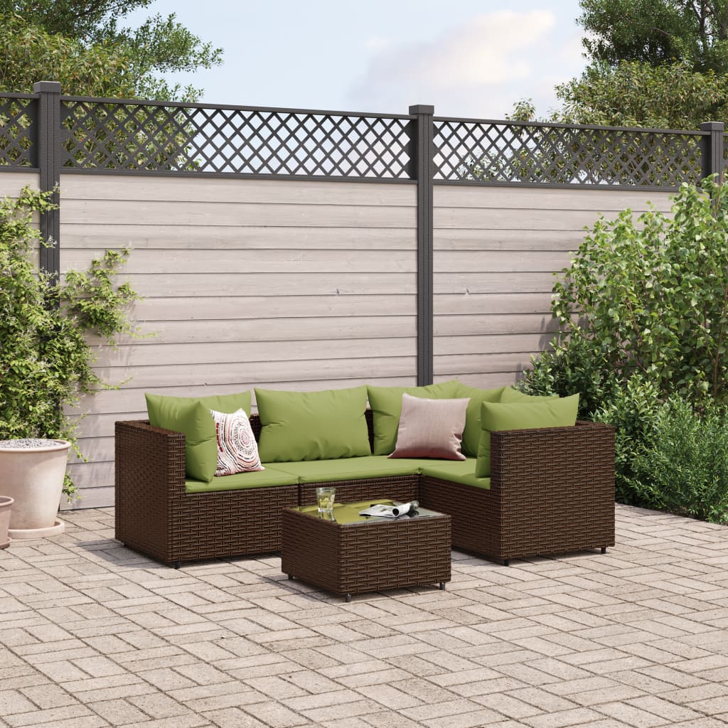 Set Divani da Giardino 5 pz con Cuscini Marrone in Polyrattan