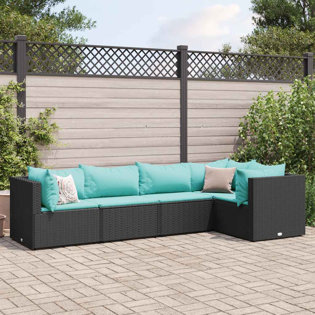 Set Divani da Giardino 5 pz con Cuscini Nero in Polyrattan