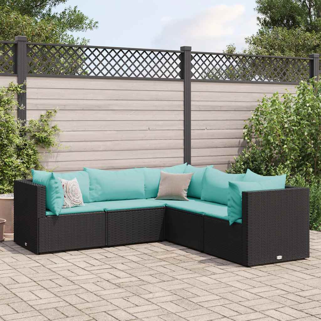 Set Divani da Giardino 5 pz con Cuscini Nero in Polyrattan