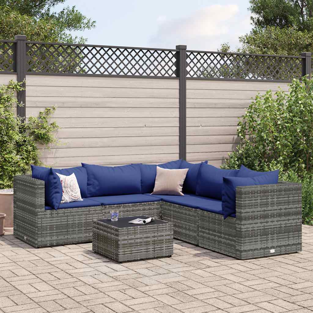 Set Divani da Giardino 6 pz con Cuscini in Polyrattan Grigio