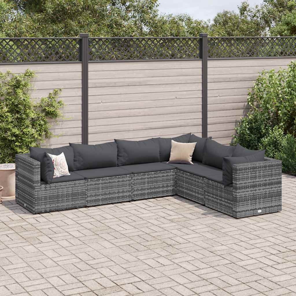 Set Divani da Giardino 6 pz con Cuscini in Polyrattan Grigio
