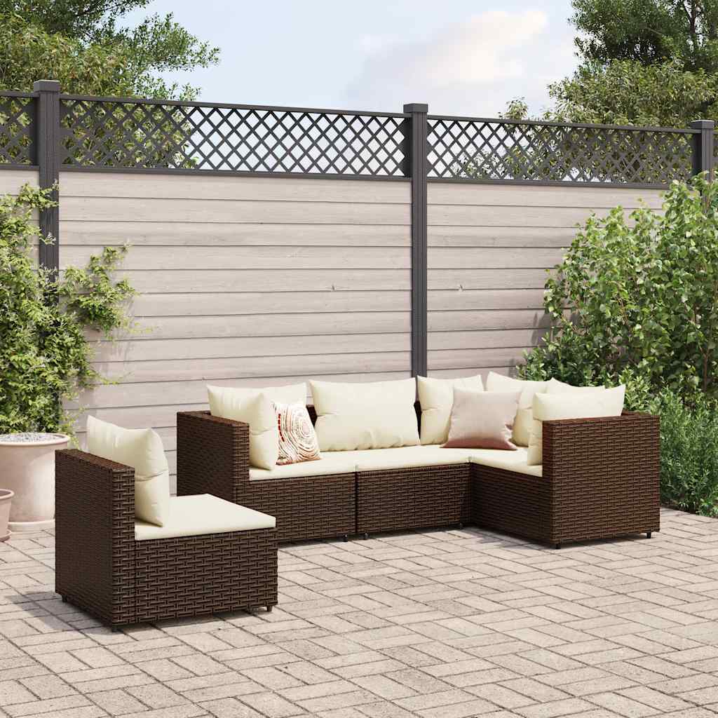 Set Divani da Giardino 5 pz con Cuscini Marrone in Polyrattan