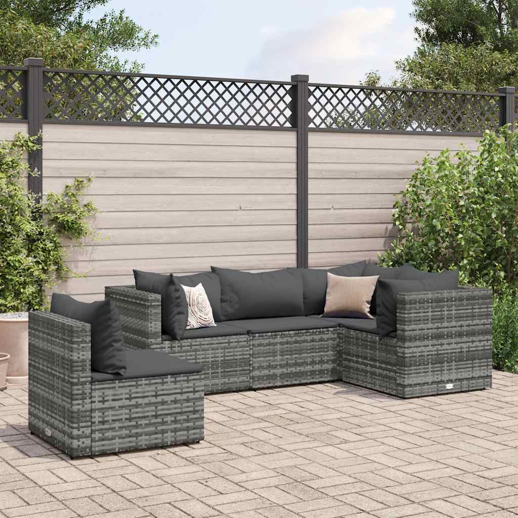 Set Divani da Giardino 5 pz con Cuscini in Polyrattan Grigio