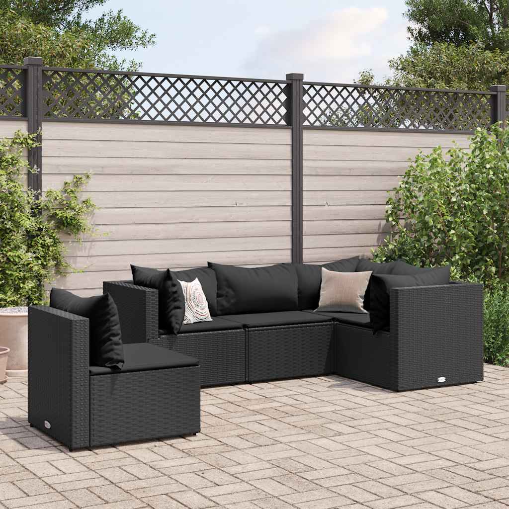 Set Divani da Giardino 5 pz con Cuscini Nero in Polyrattan