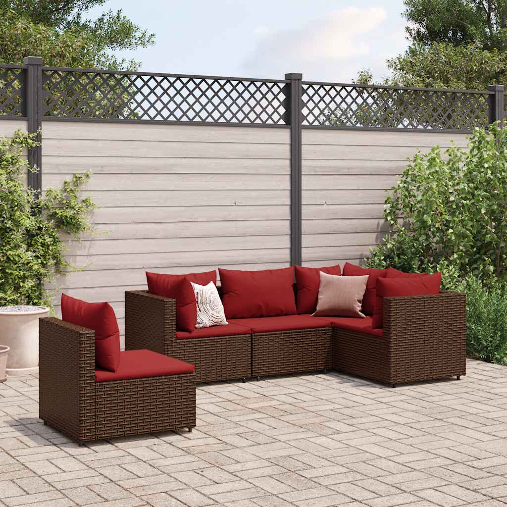 Set Divani da Giardino 5 pz con Cuscini Marrone in Polyrattan