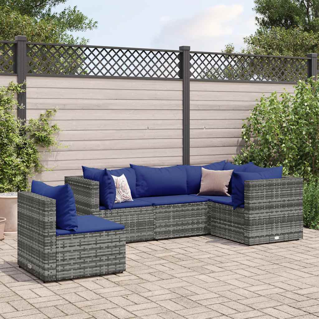 Set Divani da Giardino 5 pz con Cuscini in Polyrattan Grigio