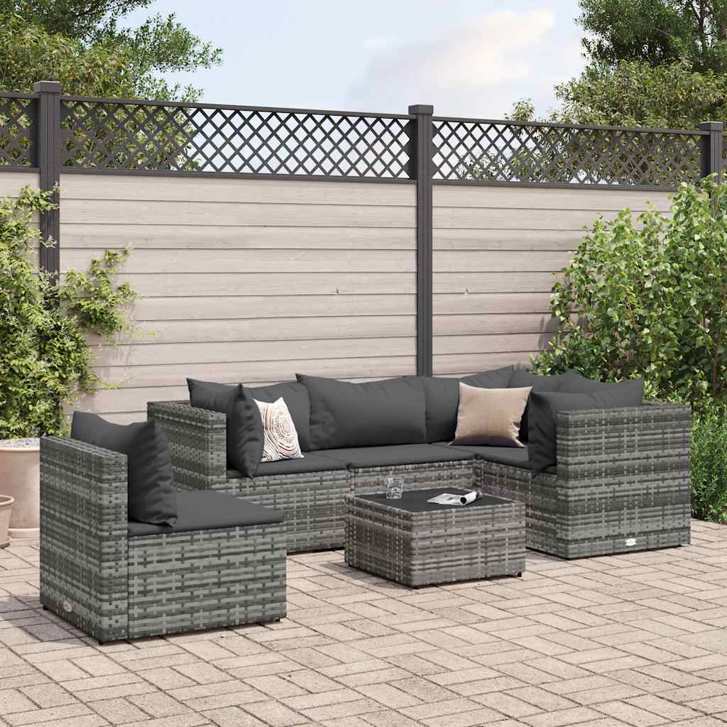 Set Divani da Giardino 6 pz con Cuscini in Polyrattan Grigio
