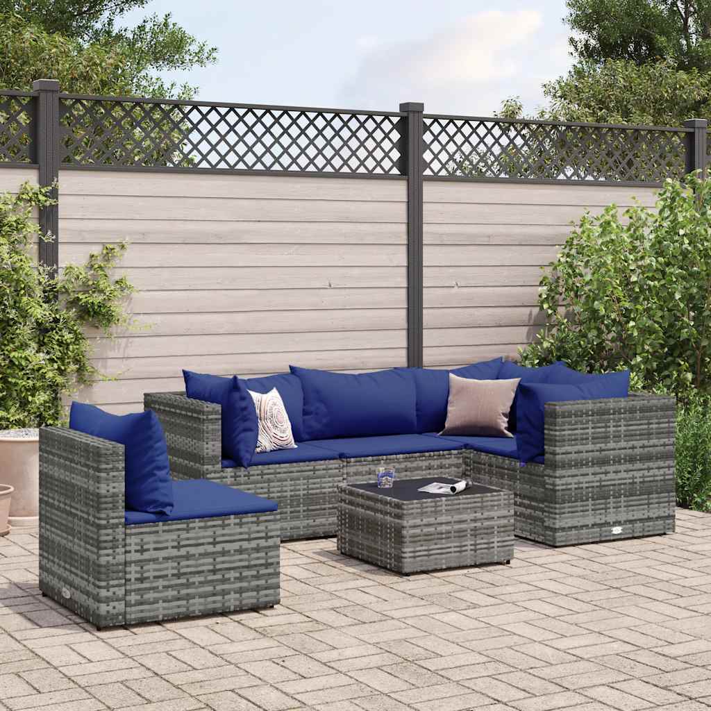 Set Divani da Giardino 6 pz con Cuscini in Polyrattan Grigio
