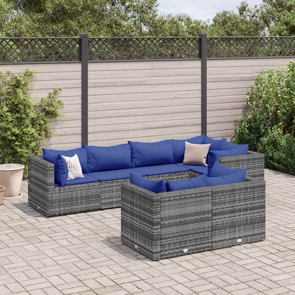 Set Divani da Giardino 7 pz con Cuscini in Polyrattan Grigio