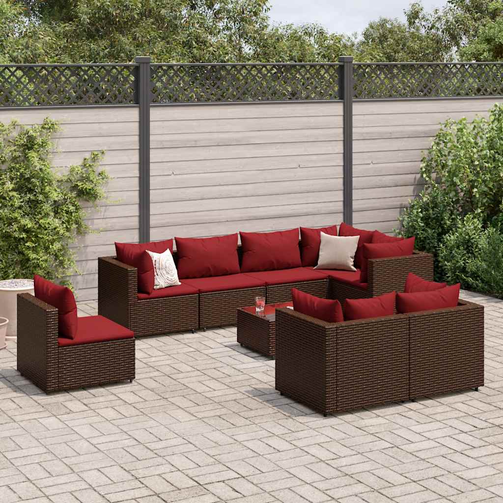 Set Divani da Giardino 9 pz con Cuscini in Polyrattan Marrone