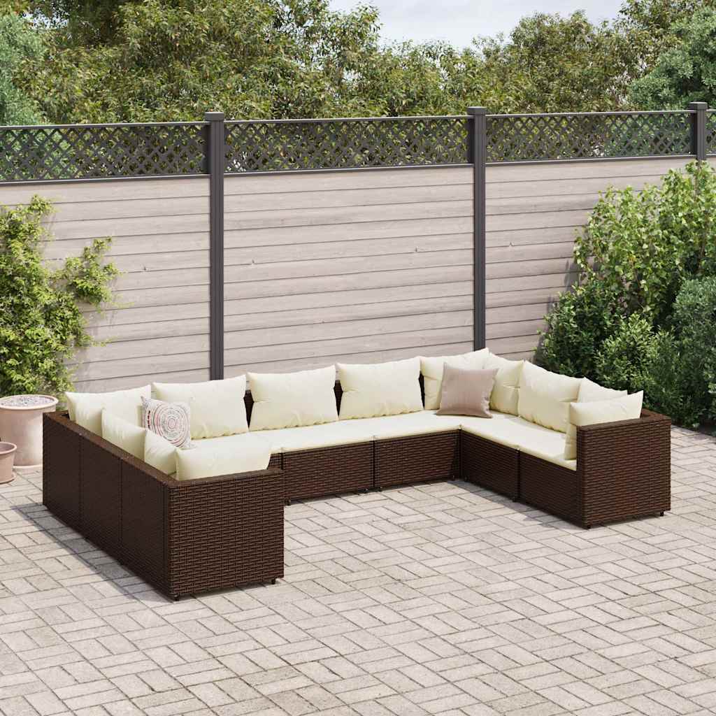 Set Divani da Giardino 9 pz con Cuscini in Polyrattan Marrone