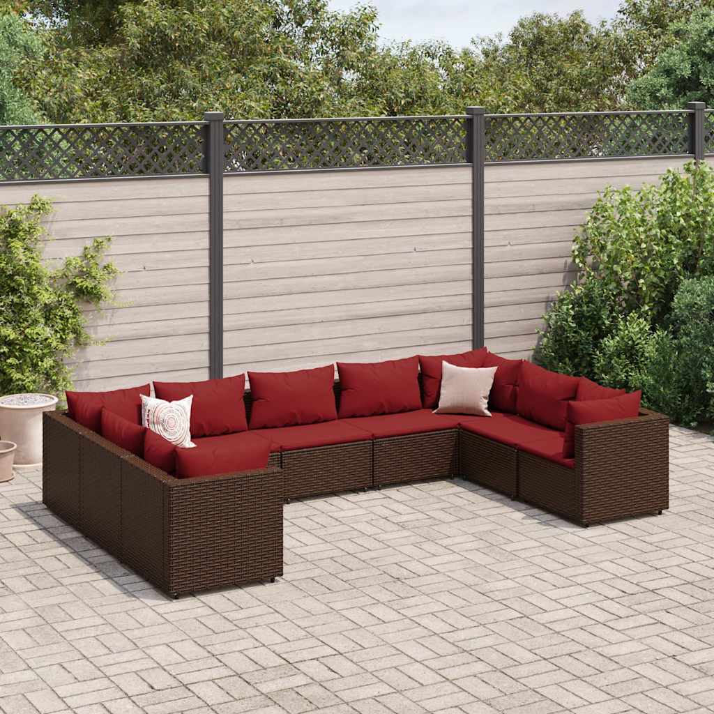 Set Divani da Giardino 9 pz con Cuscini in Polyrattan Marrone