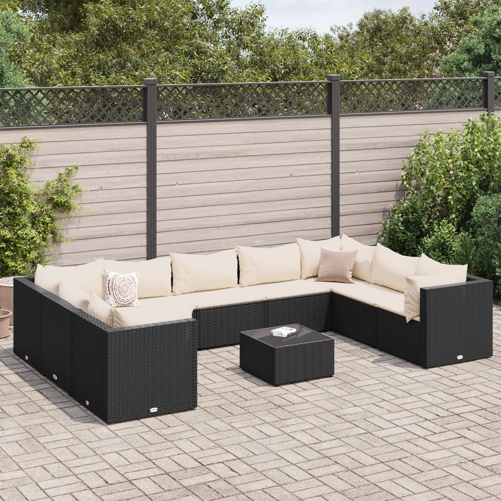 Set Salotto da Giardino 10pz con Cuscini in Polyrattan Nero