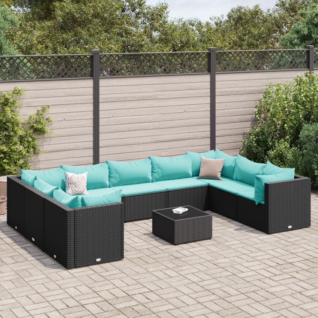 Set Salotto da Giardino 10pz con Cuscini in Polyrattan Nero