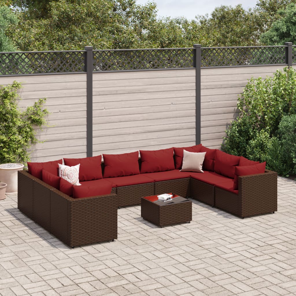 Set Divani da Giardino 10 pz con Cuscini in Polyrattan Marrone