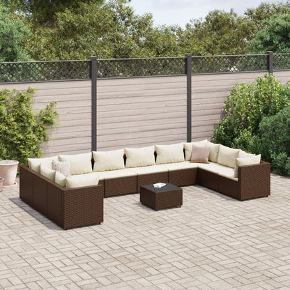 Set Divani da Giardino 11 pz con Cuscini in Polyrattan Marrone
