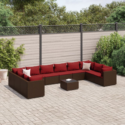 Set Divani da Giardino 11 pz con Cuscini in Polyrattan Marrone