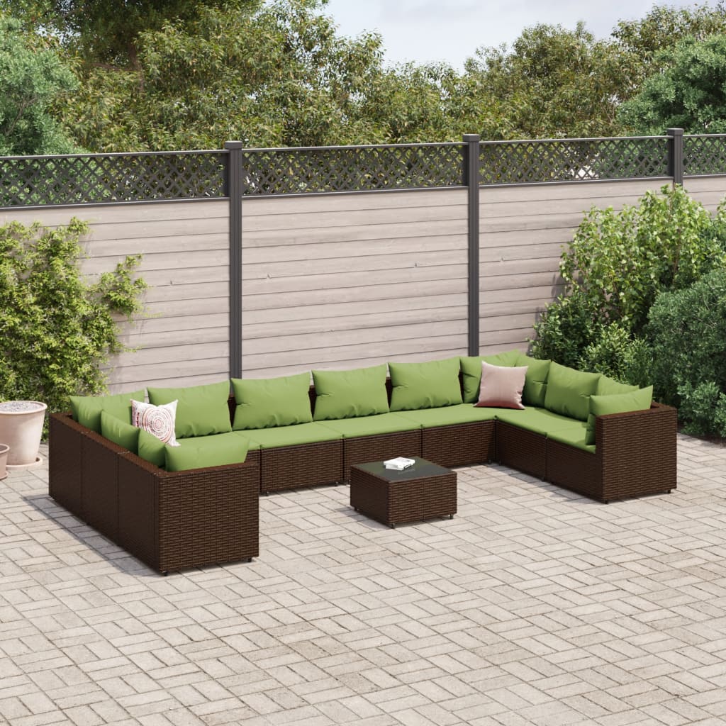 Set Divani da Giardino 11 pz con Cuscini in Polyrattan Marrone