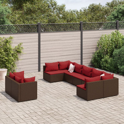 Set Divani da Giardino 9pz con Cuscini Marrone in Polyrattan