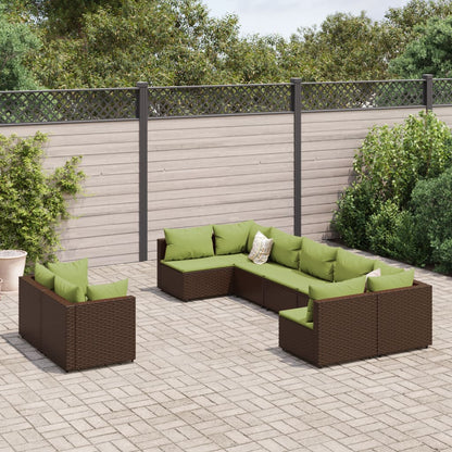 Set Divani da Giardino 9pz con Cuscini Marrone in Polyrattan