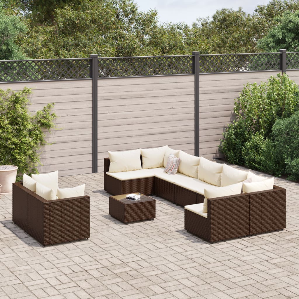 Set Divani da Giardino 10pz con Cuscini in Polyrattan Marrone