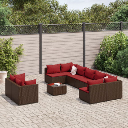 Set Divani da Giardino 10pz con Cuscini in Polyrattan Marrone
